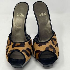 Stuart Weitzman Black Brown Leopard Print Fur Slip On Damsel Heels Size 7.5